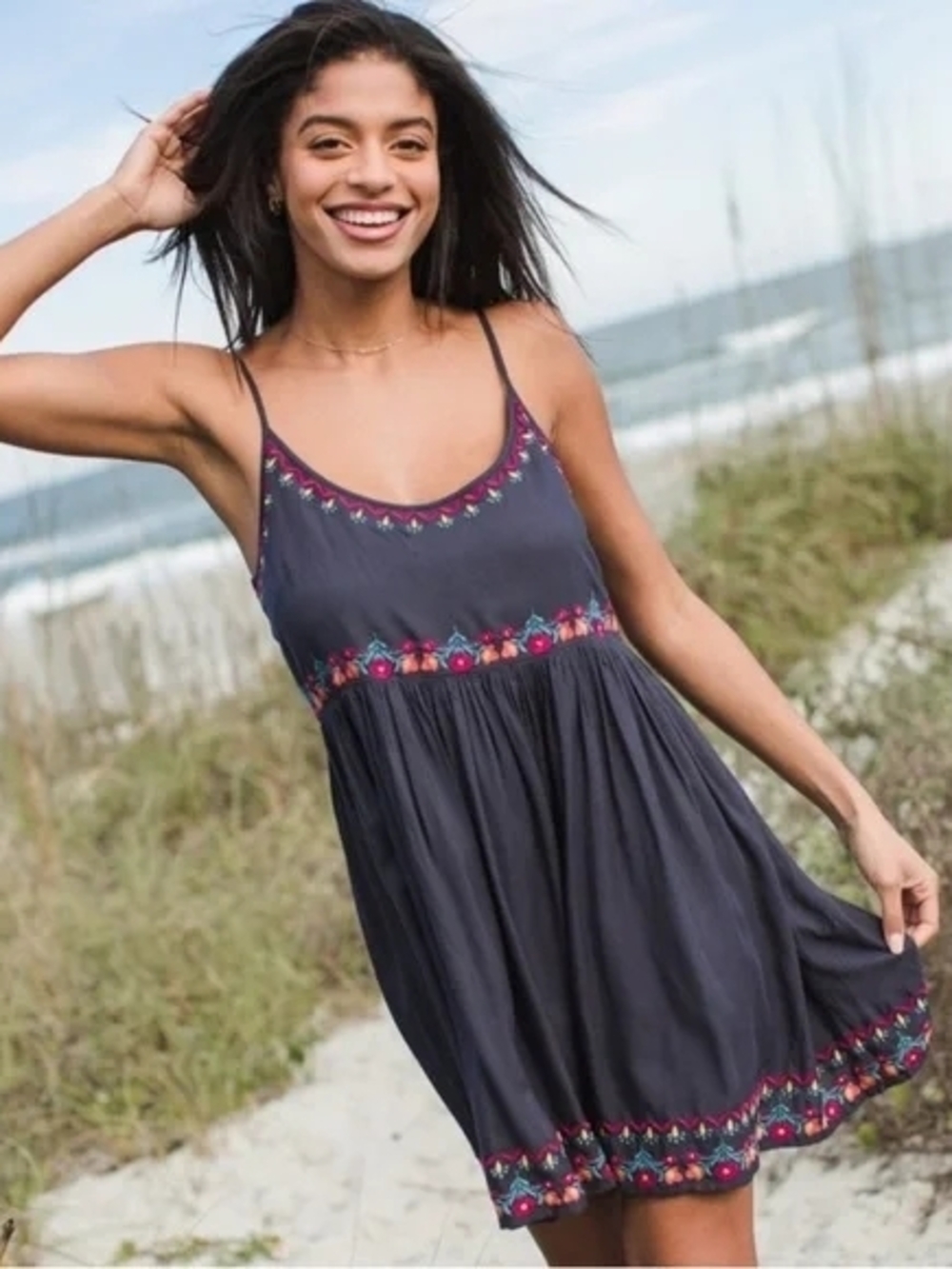 Embroidered Navy Spaghetti Strap Sundress